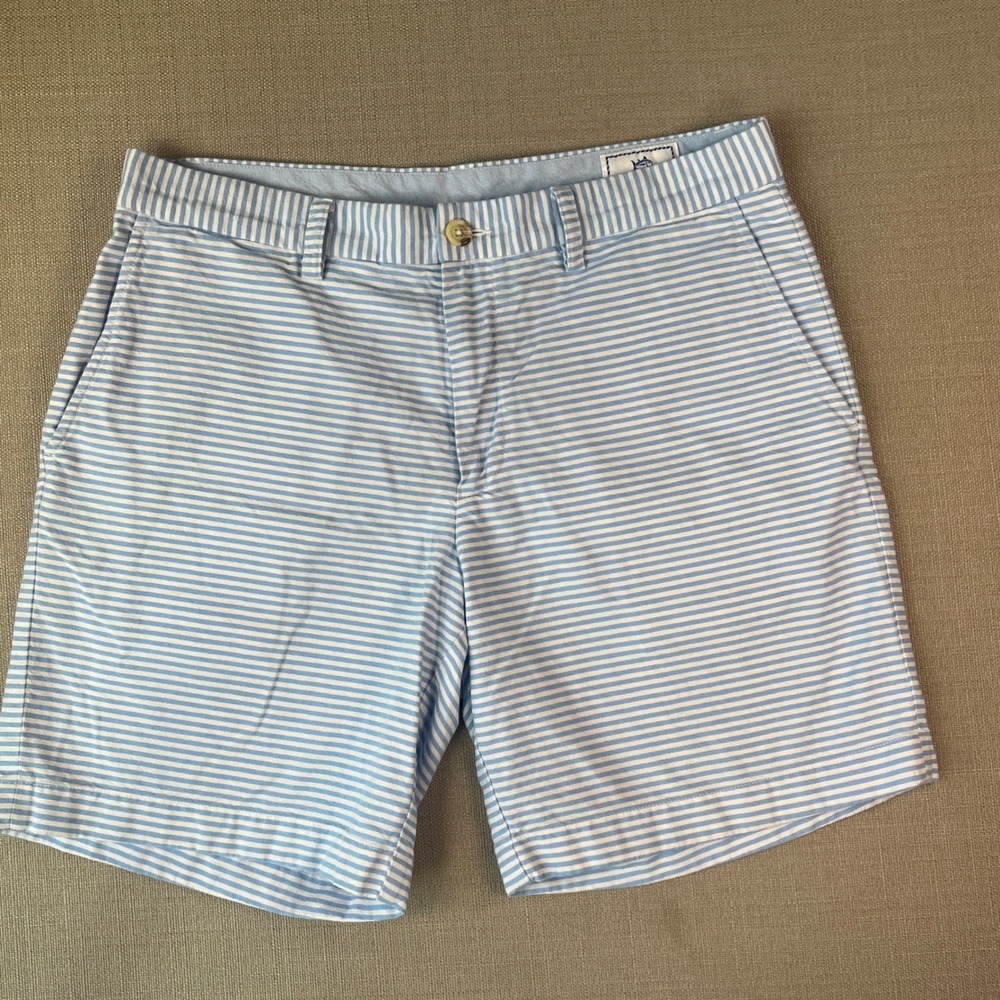 Southern Tide Shorts Mens 34 Blue White Striped Casual 8" Inseam Costal Beach